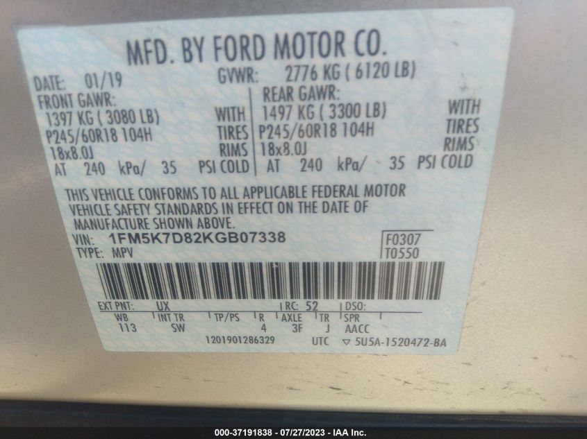 2019 FORD EXPLORER XLT - 1FM5K7D82KGB07338