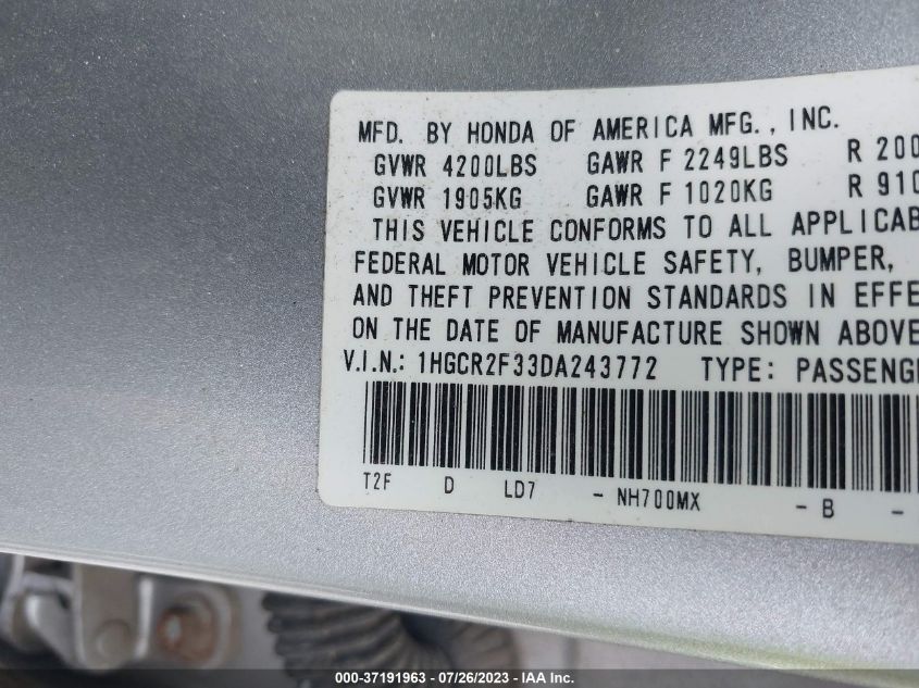 2013 HONDA ACCORD LX - 1HGCR2F33DA243772