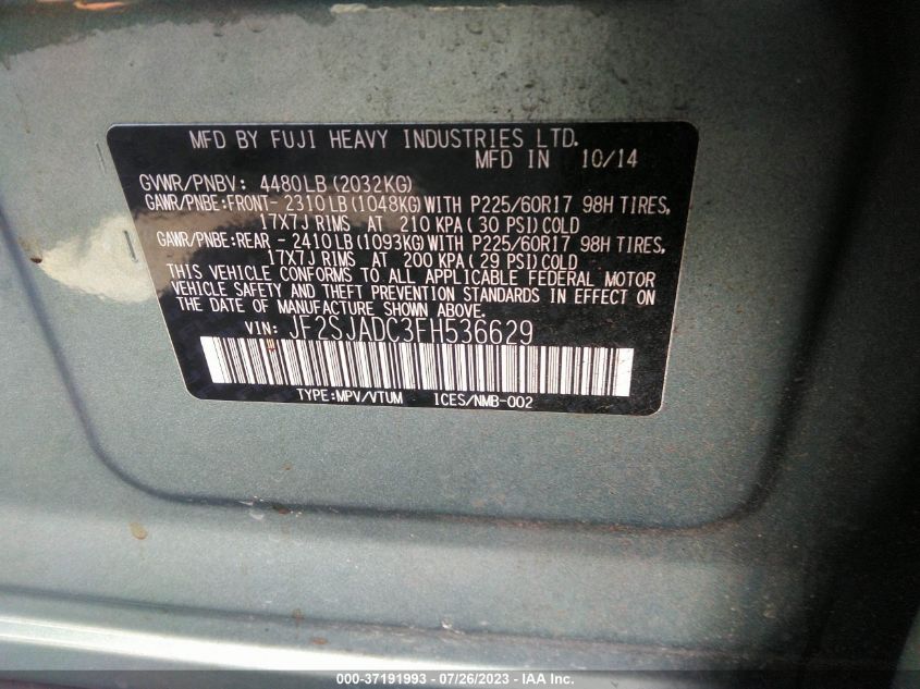 2015 SUBARU FORESTER 2.5I PREMIUM - JF2SJADC3FH536629