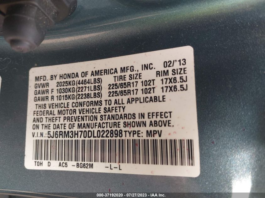 2013 HONDA CR-V EX-L - 5J6RM3H70DL022898