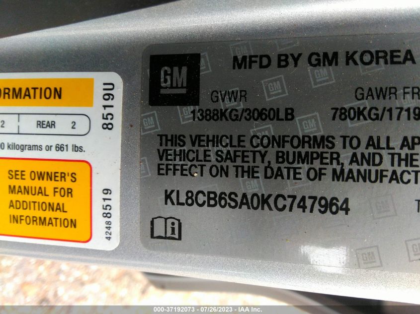2019 CHEVROLET SPARK LS - KL8CB6SA0KC747964