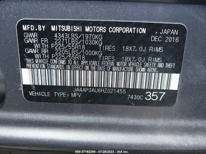 2017 MITSUBISHI OUTLANDER SPORT 2.0 - JA4AP3AU6HZ021455