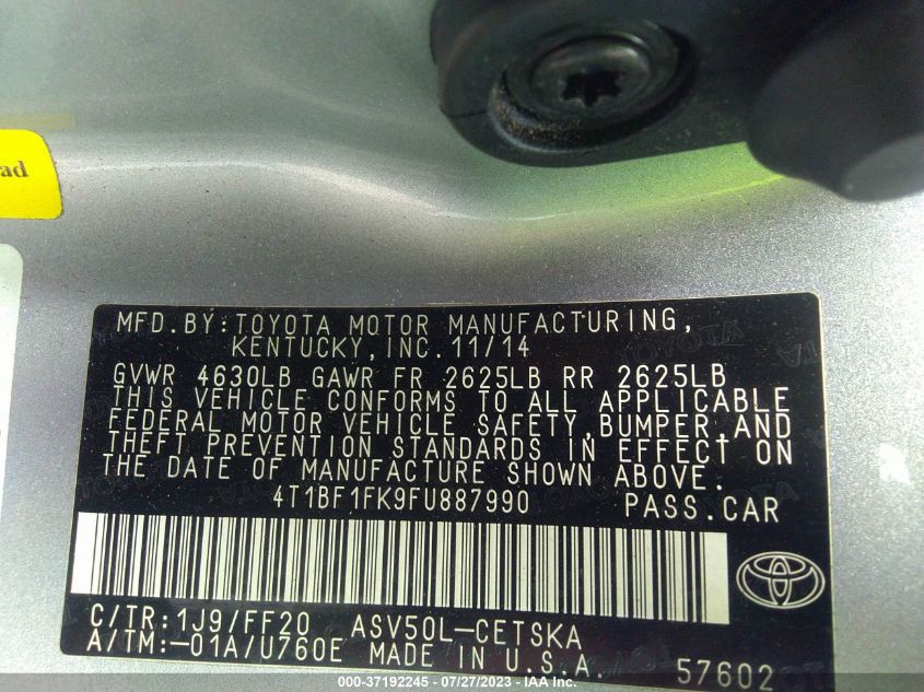 2015 TOYOTA CAMRY XLE/SE/LE/XSE - 4T1BF1FK9FU887990