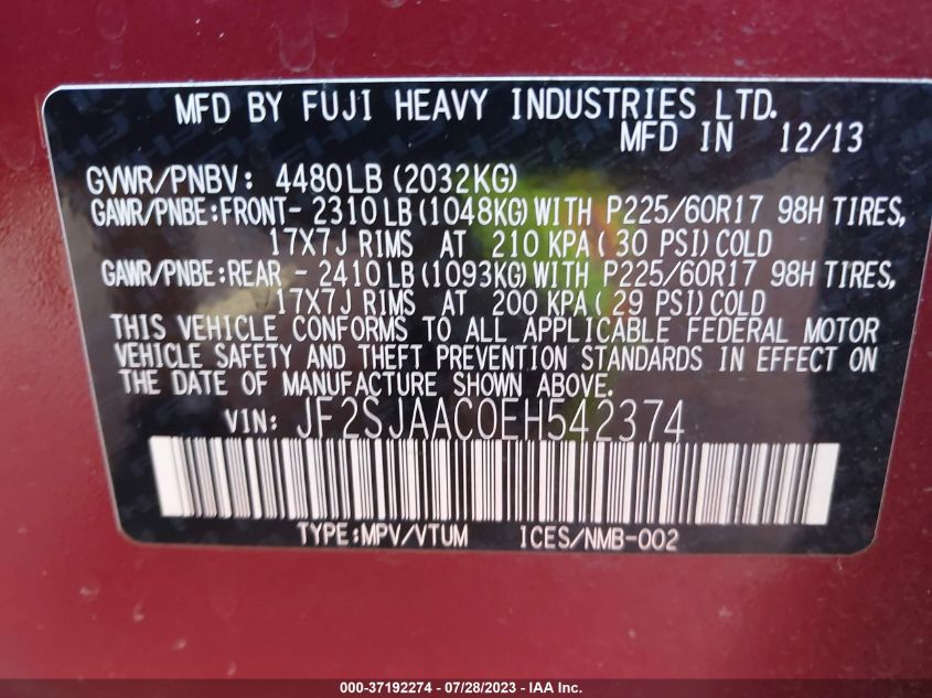 2014 SUBARU FORESTER 2.5I - JF2SJAAC0EH542374