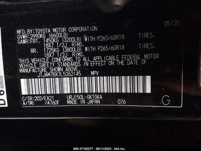 2020 LEXUS GX GX 460 PREMIUM JTJAM7BX7L5262145