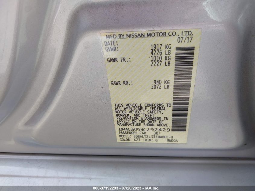 2017 NISSAN ALTIMA 2.5 SL - 1N4AL3AP5HC292429