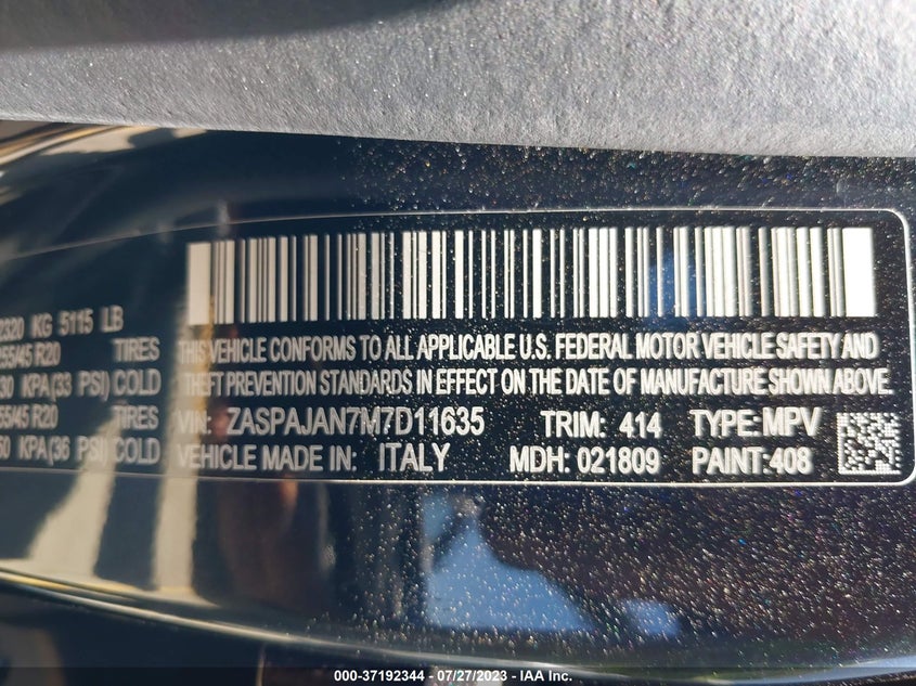 VIN ZASPAJAN7M7D11635 2021 ALFA ROMEO STELVIO