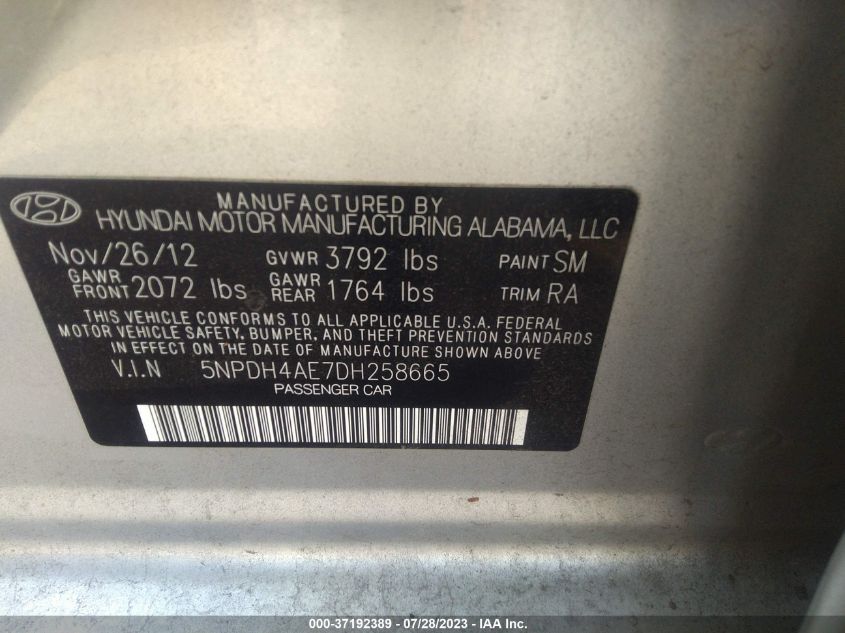 2013 HYUNDAI ELANTRA LIMITED - 5NPDH4AE7DH258665