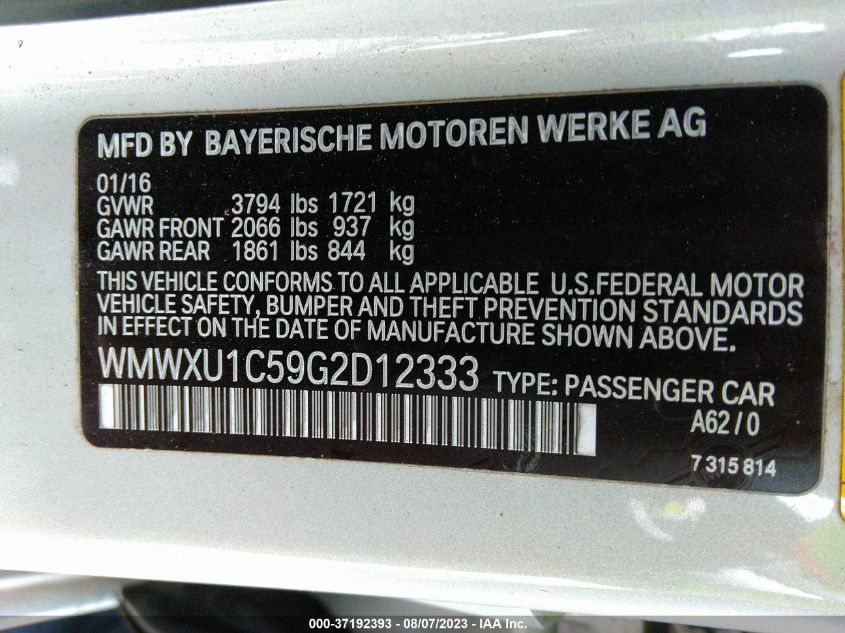 2016 MINI COOPER HARDTOP 4 DOOR WMWXU1C59G2D12333