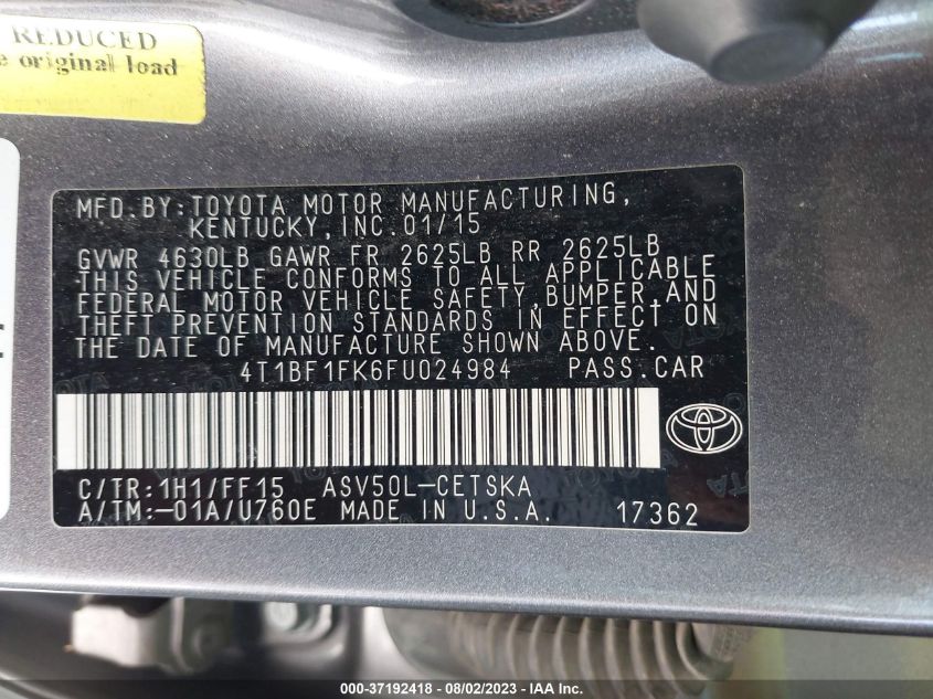 2015 TOYOTA CAMRY XLE/SE/LE/XSE - 4T1BF1FK6FU024984