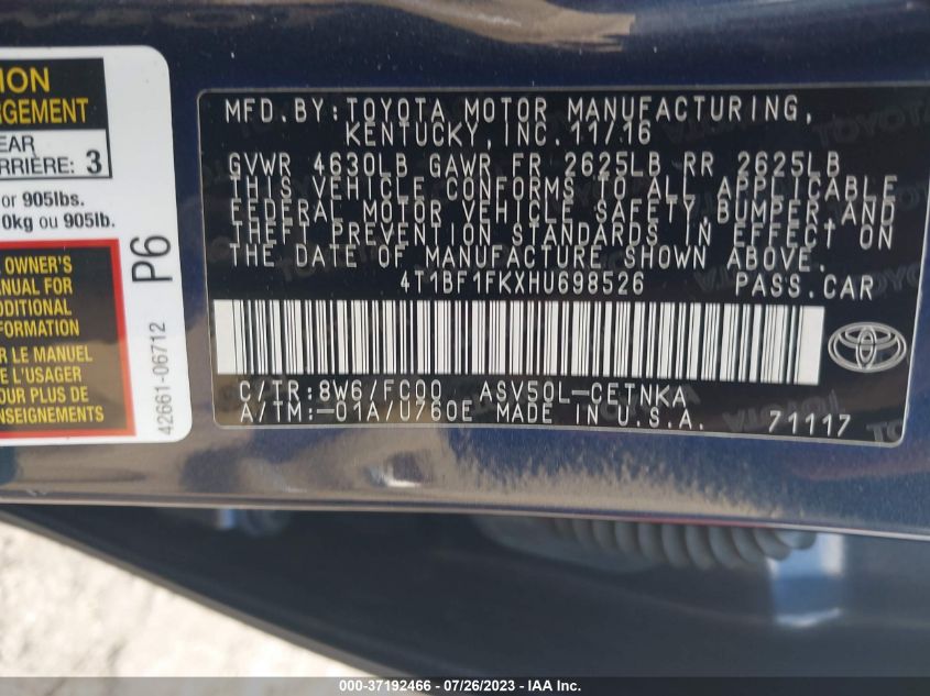 2017 TOYOTA CAMRY XLE/SE/LE/XSE - 4T1BF1FKXHU698526
