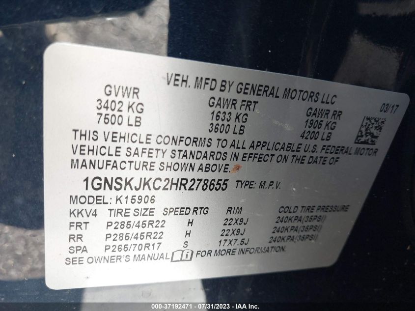 2017 CHEVROLET SUBURBAN K1500 PREMIER - 1GNSKJKC2HR278655