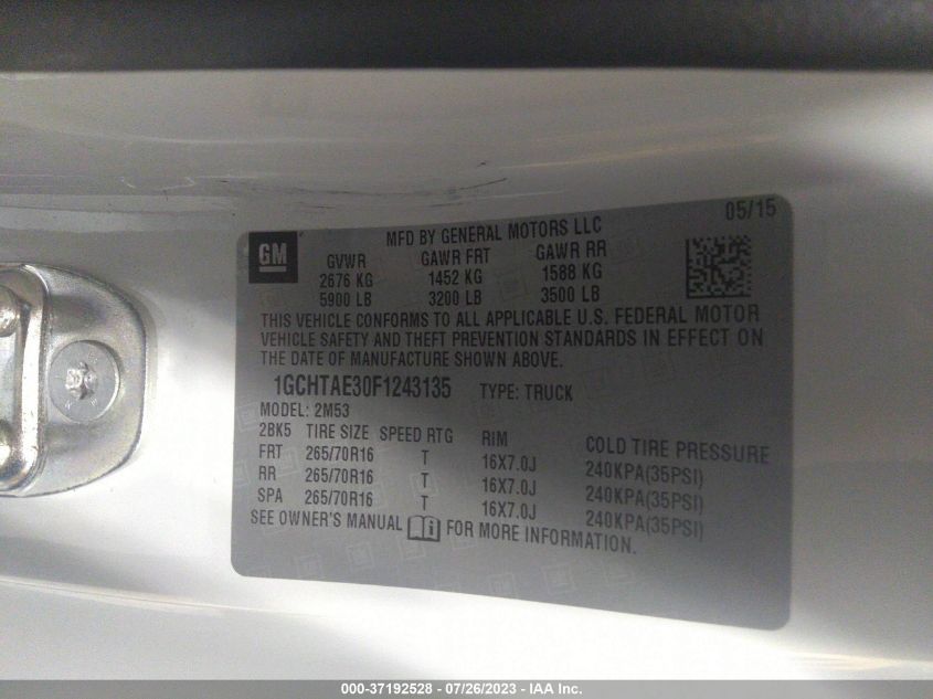 2015 CHEVROLET COLORADO 4WD WT - 1GCHTAE30F1243135