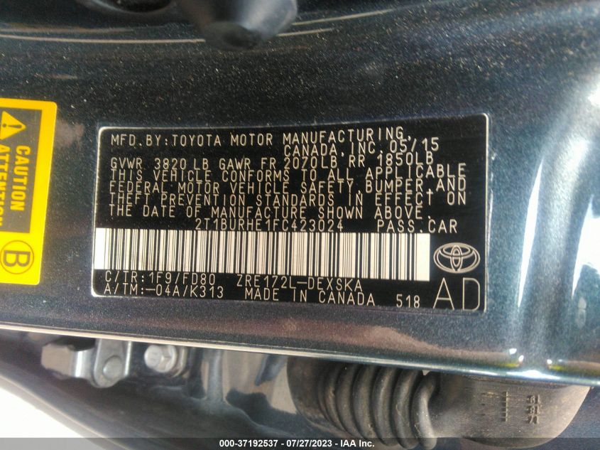 2015 TOYOTA COROLLA L/LE/S/S PLUS/LE PLUS - 2T1BURHE1FC423024