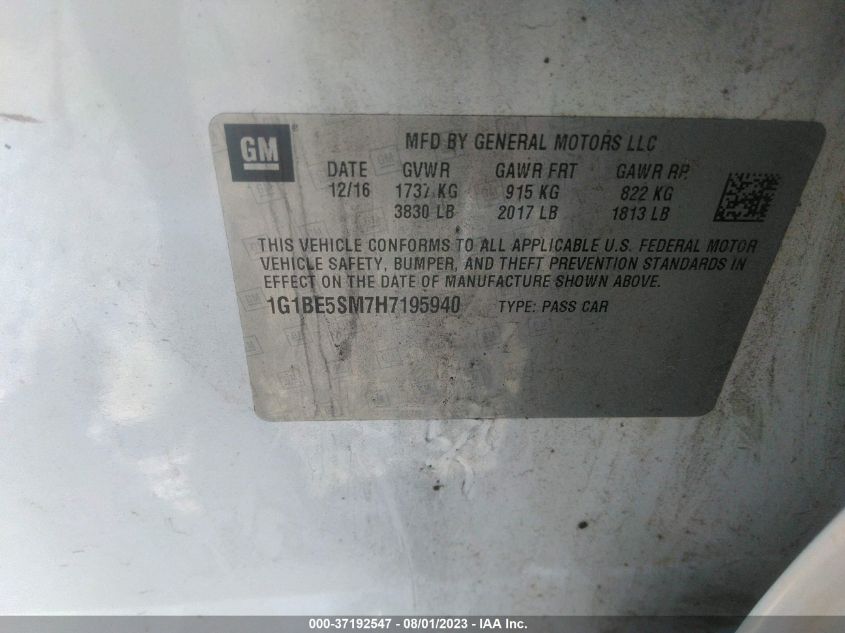 2017 CHEVROLET CRUZE LT - 1G1BE5SM7H7195940