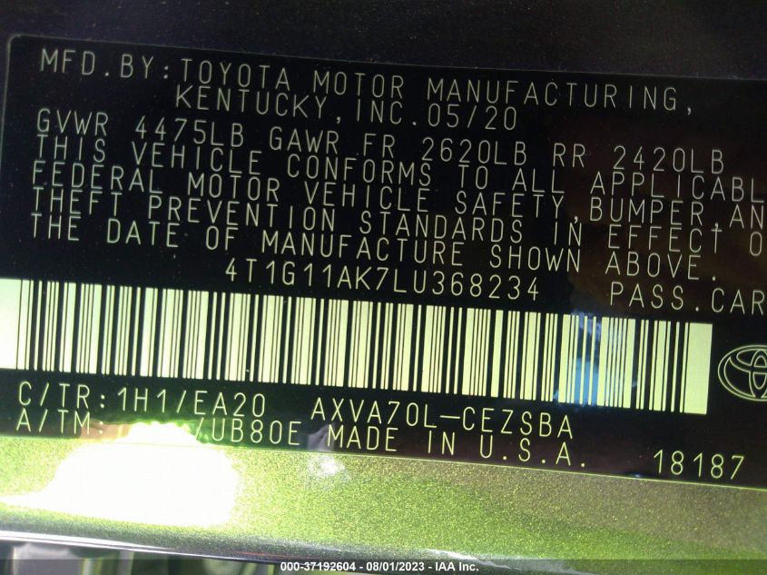 2020 TOYOTA CAMRY SE/SE NIGHT SHADE - 4T1G11AK7LU368234
