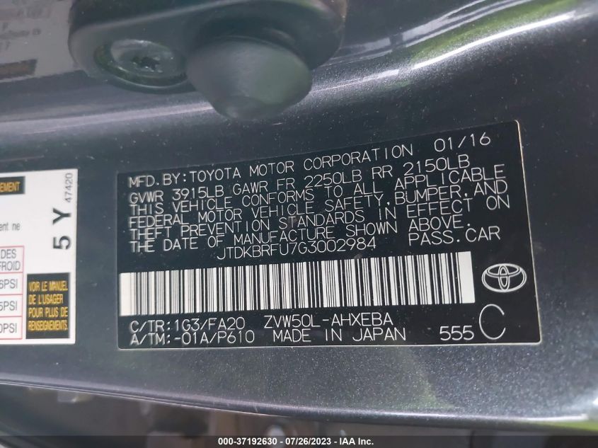 2016 TOYOTA PRIUS TWO - JTDKBRFU7G3002984