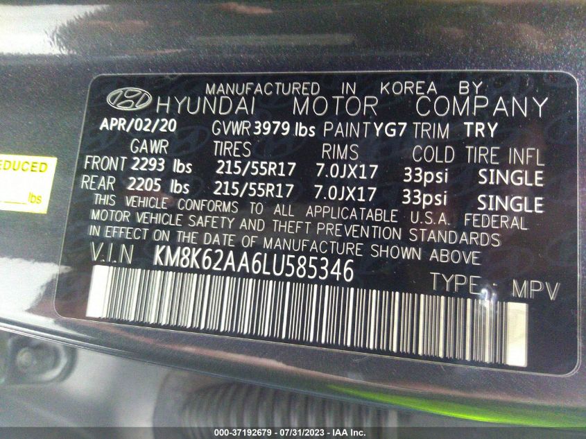 2020 HYUNDAI KONA SEL PLUS - KM8K62AA6LU585346