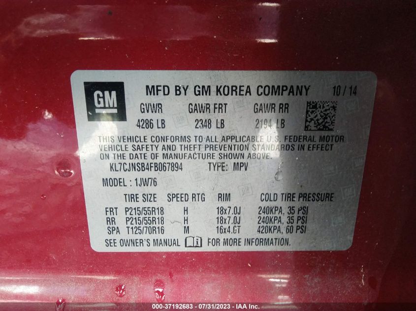 2015 CHEVROLET TRAX LTZ - KL7CJNSB4FB067894