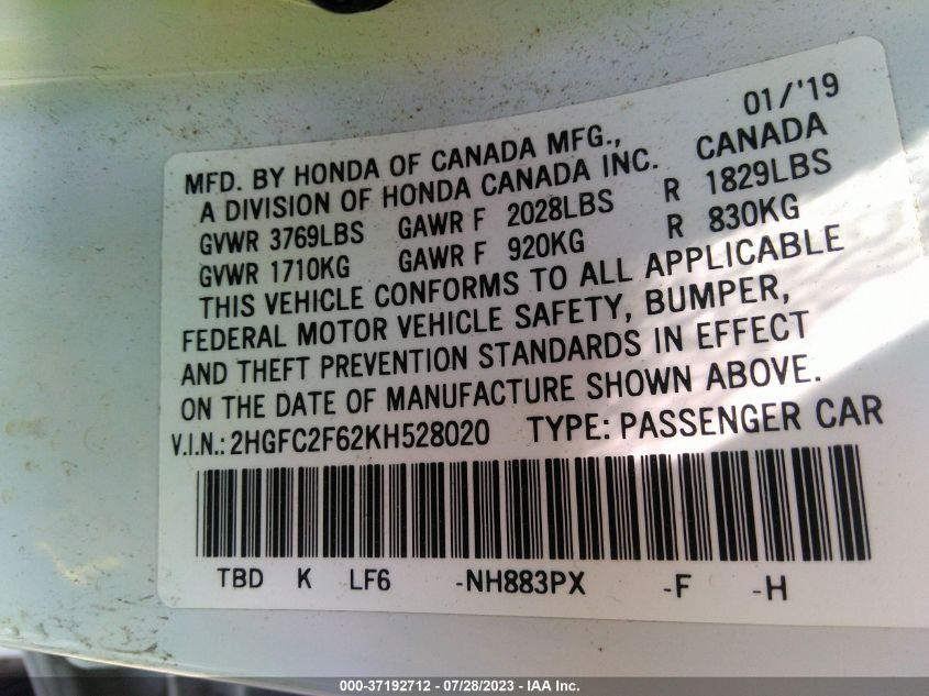 2019 HONDA CIVIC SEDAN LX - 2HGFC2F62KH528020