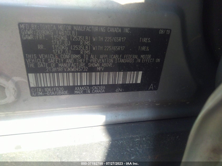 VIN 2T3H1RFV3KW045732 2019 TOYOTA RAV4 LE