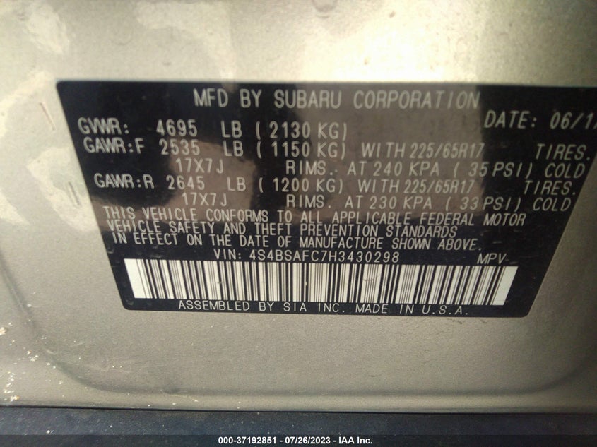 VIN 4S4BSAFC7H3430298 2017 SUBARU OUTBACK PREMIUM