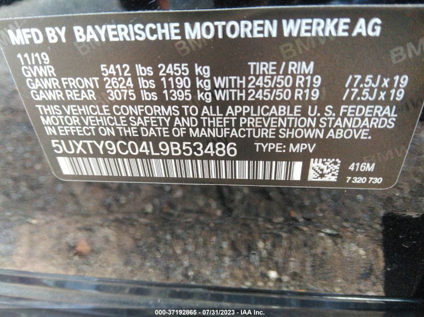 2020 BMW X3 XDRIVEM40I - 5UXTY9C04L9B53486