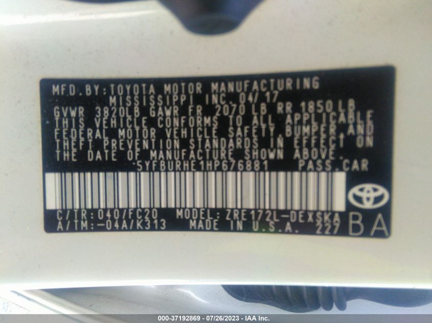 2017 TOYOTA COROLLA L/LE/XLE/SE - 5YFBURHE1HP676881