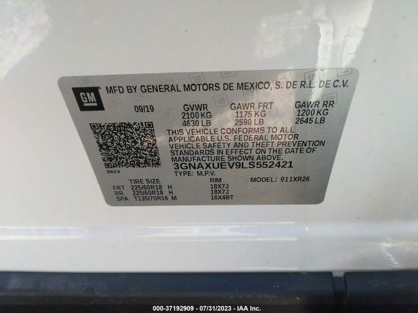 2020 CHEVROLET EQUINOX LT - 3GNAXUEV9LS552421