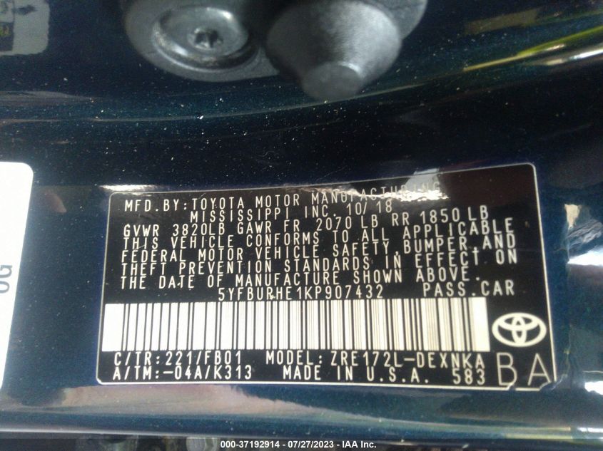 2019 TOYOTA COROLLA L/LE/SE/XLE/XSE - 5YFBURHE1KP907432