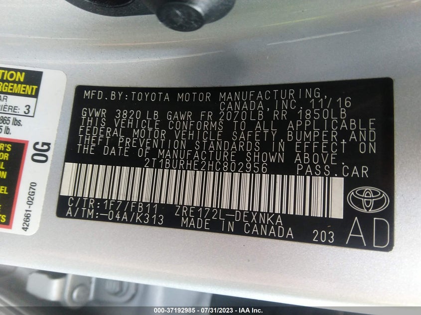 VIN 2T1BURHE2HC802956 2017 TOYOTA COROLLA L/LE/XLE/SE