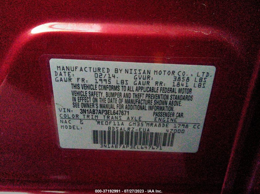 2014 NISSAN SENTRA SR - 3N1AB7AP3EL647671