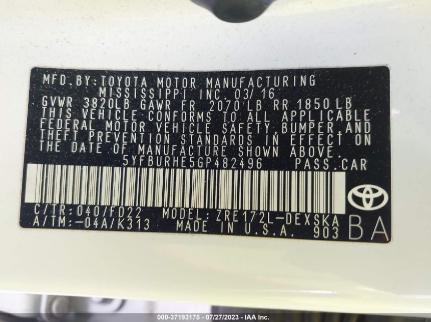 2016 TOYOTA COROLLA L/LE/S/S PLUS/LE PLUS - 5YFBURHE5GP482496