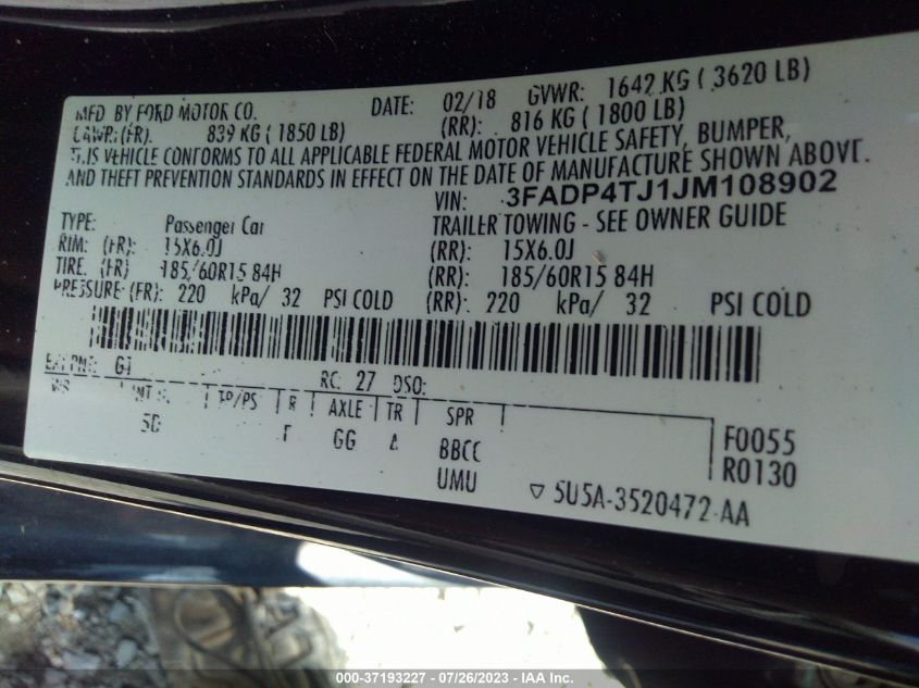 2018 FORD FIESTA S - 3FADP4TJ1JM108902