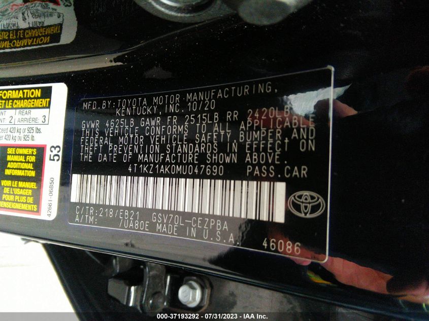 2021 TOYOTA CAMRY V6 - 4T1KZ1AK0MU047690