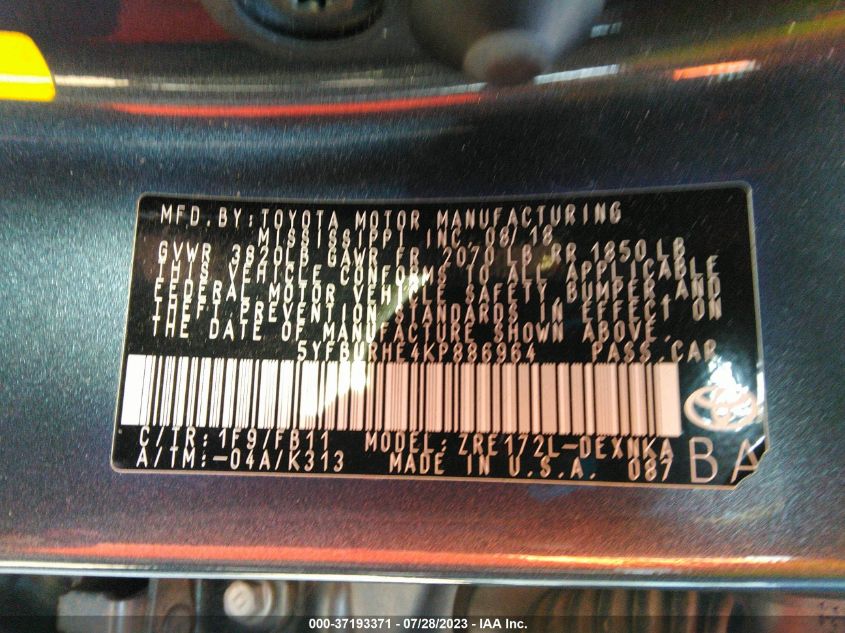 2019 TOYOTA COROLLA L/LE/XLE/SE/XSE - 5YFBURHE4KP886964