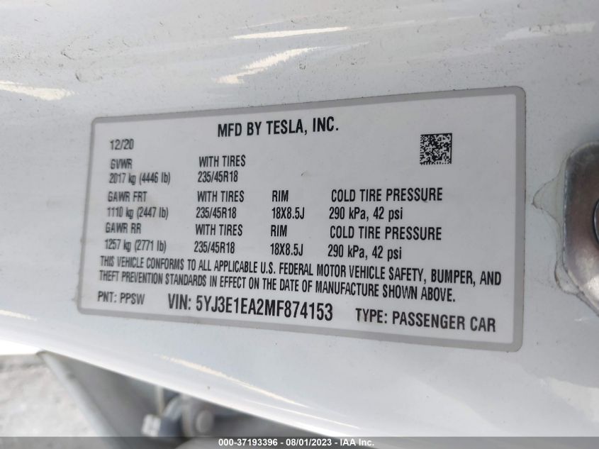 2021 TESLA MODEL 3 - 5YJ3E1EA2MF874153