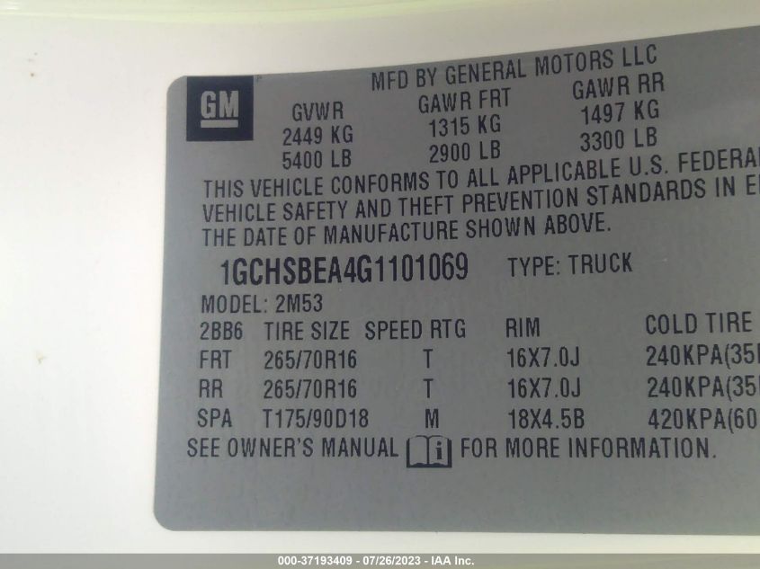 2016 CHEVROLET COLORADO 2WD WT - 1GCHSBEA4G1101069
