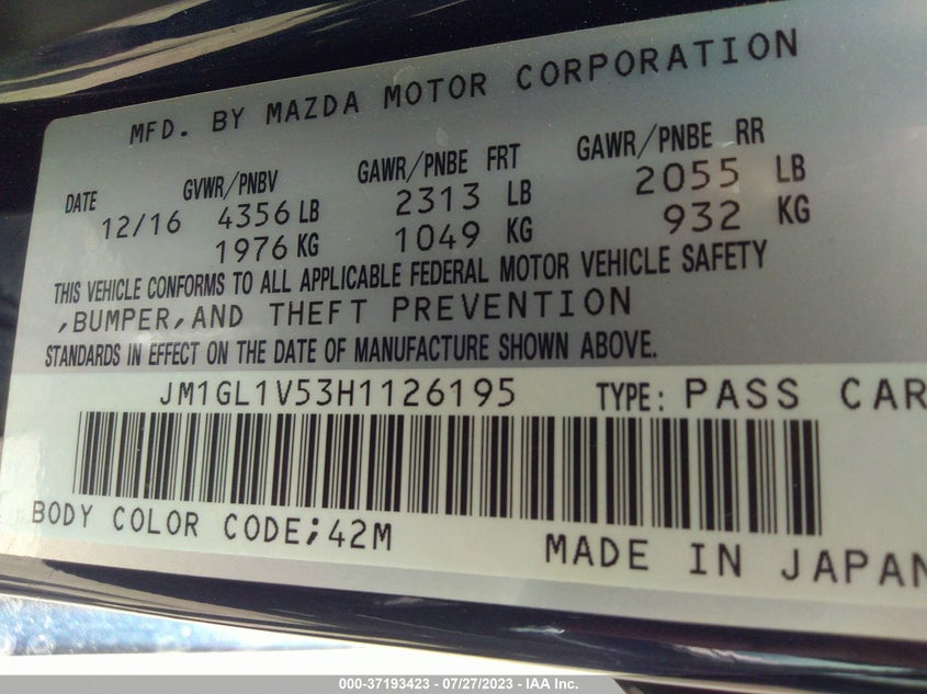 VIN JM1GL1V53H1126195 2017 MAZDA MAZDA6 TOURING