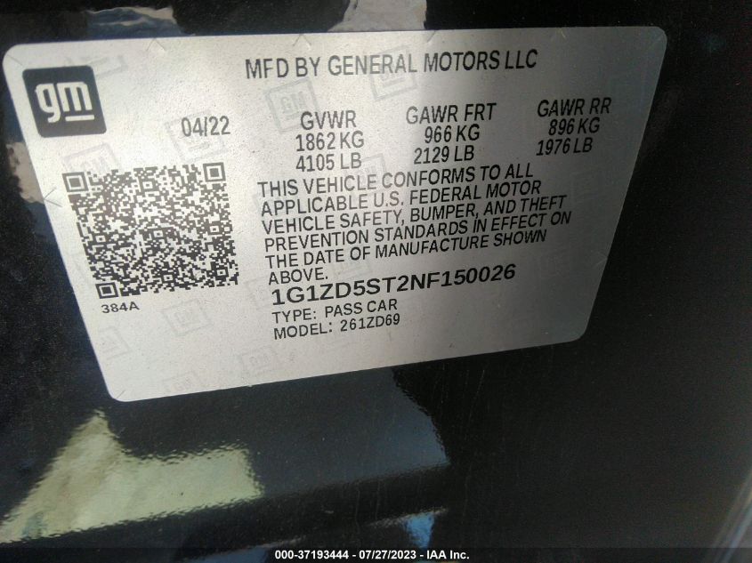 2022 CHEVROLET MALIBU LT - 1G1ZD5ST2NF150026