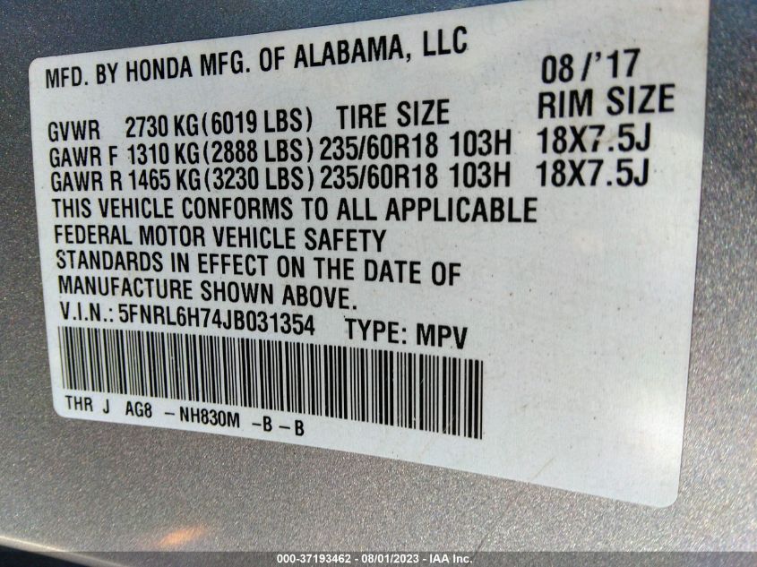 2018 HONDA ODYSSEY EX-L - 5FNRL6H74JB031354