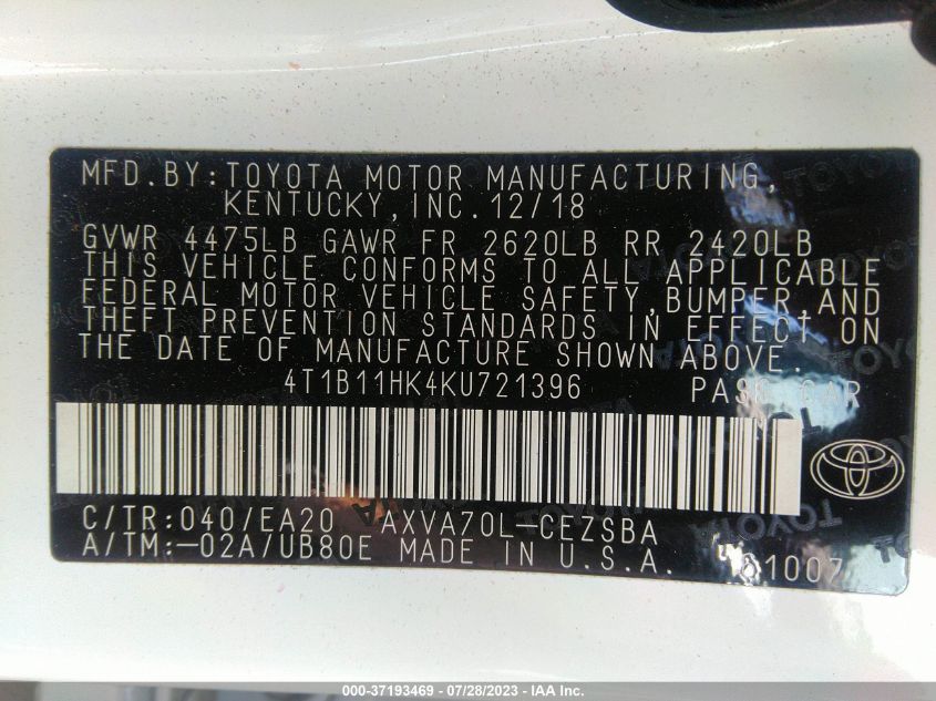 2019 TOYOTA CAMRY LE/SE/XLE/L - 4T1B11HK4KU721396