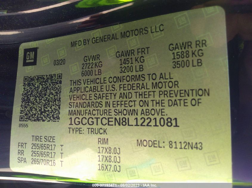 2020 CHEVROLET COLORADO 4WD LT - 1GCGTCEN8L1221081