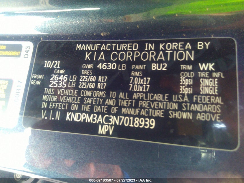VIN KNDPM3AC3N7018939 2022 KIA SPORTAGE LX