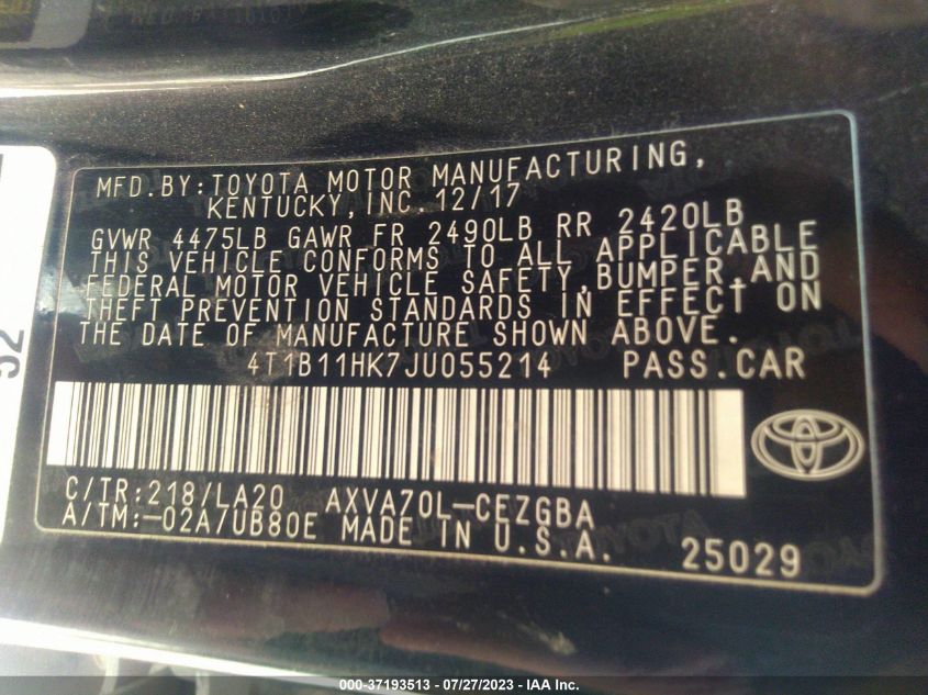 2018 TOYOTA CAMRY LE/SE/XLE/L - 4T1B11HK7JU055214