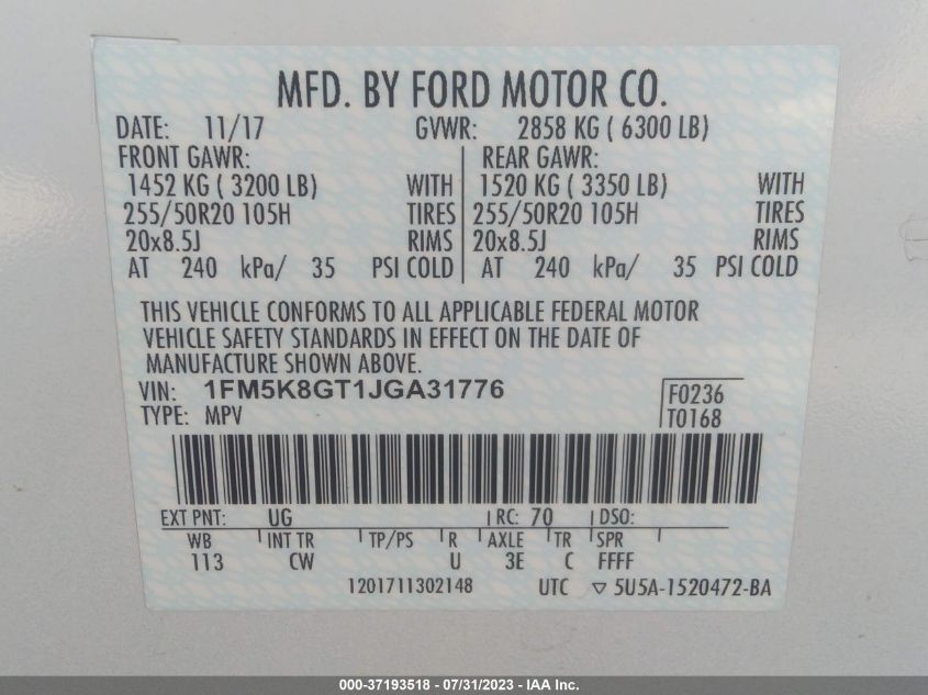 2018 FORD EXPLORER SPORT - 1FM5K8GT1JGA31776