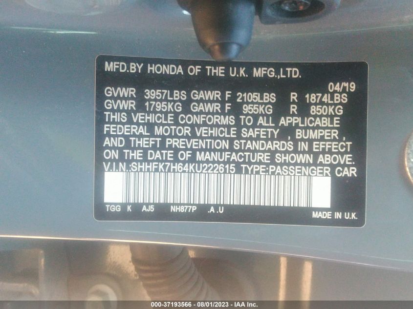 2019 HONDA CIVIC HATCHBACK EX - SHHFK7H64KU222615