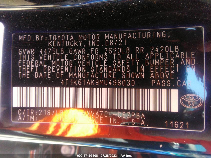 2021 TOYOTA CAMRY XSE - 4T1K61AK9MU498030