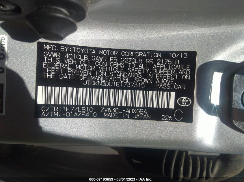 2014 TOYOTA PRIUS FOUR/FIVE/THREE/ONE/TWO - JTDKN3DU1E1737315
