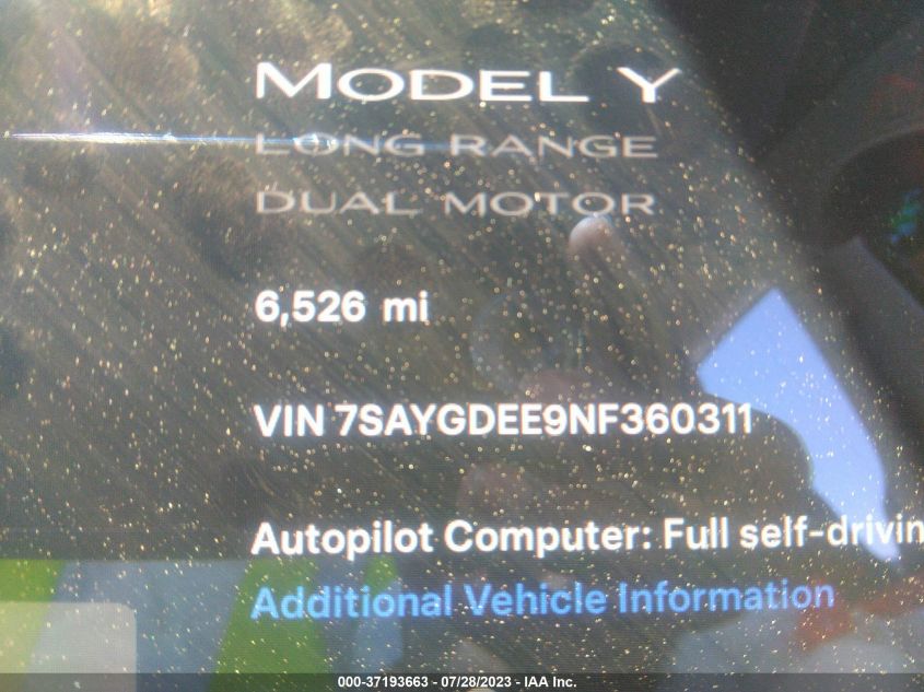 2022 TESLA MODEL Y LONG RANGE - 7SAYGDEE9NF360311